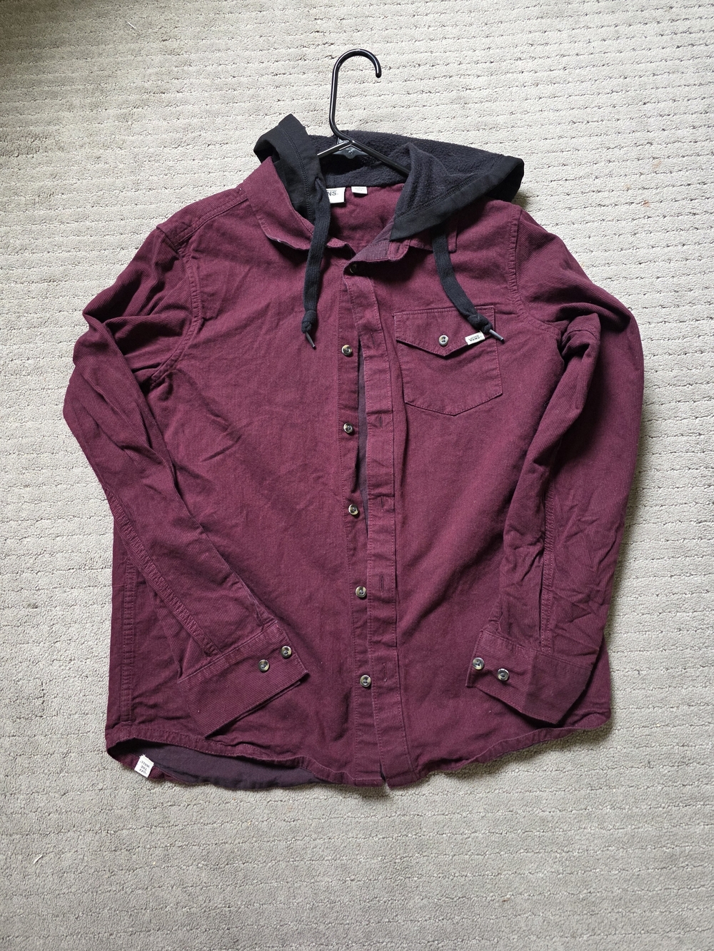 Vans Men's Burgundy Button-Up Shirt Jacket with Black Hood